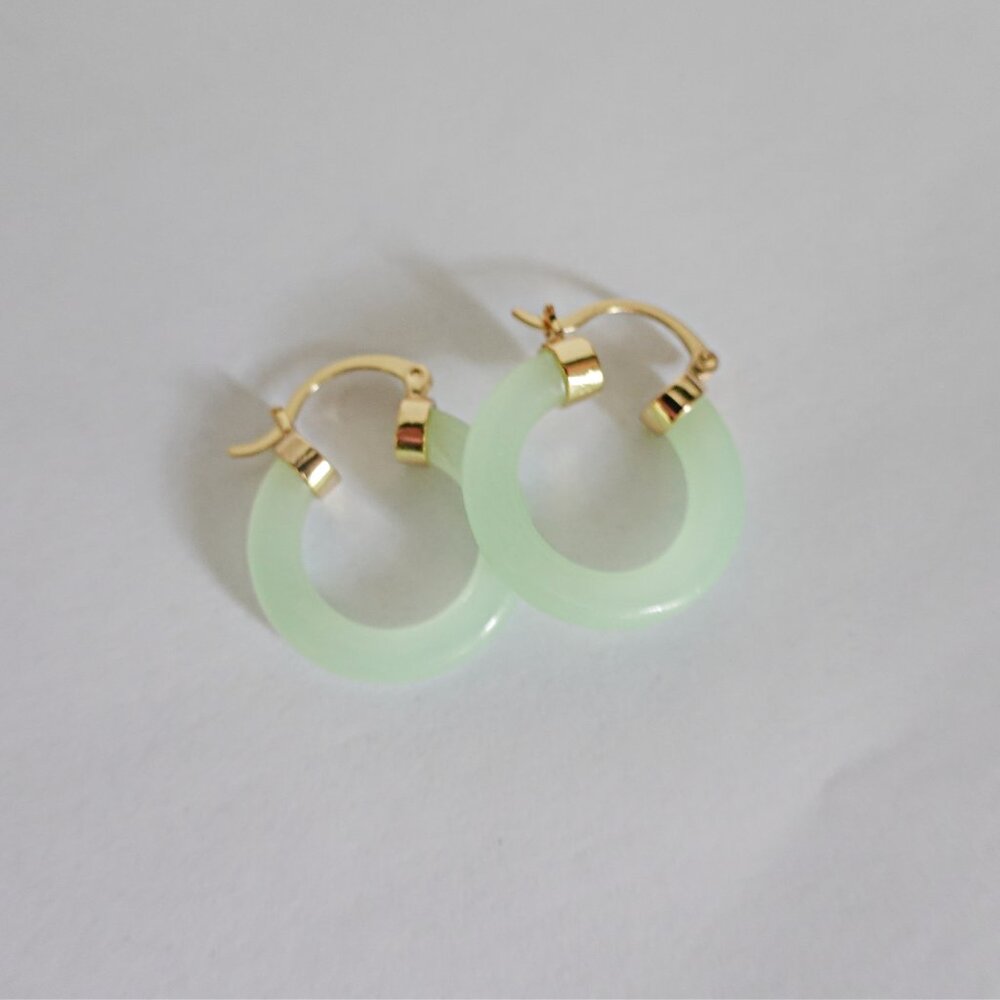 Chinese Green Jade Hoop Gold Filled Earrings